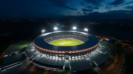 Illuminated Stadium at Night with City Lights in Background