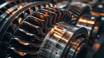 Detail of the metal turbine mechanism. Large shiny steel equipment with blades. A machine with many gears and a shiny metallic appearance. Illustration for poster, cover, brochure or presentation.