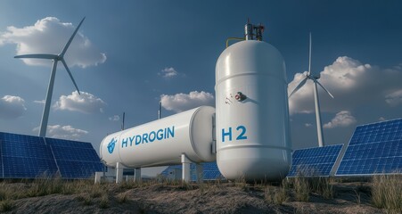 White hydrogen air tank with solar panels and wind turbines in renewable energy setting under cloudy sky