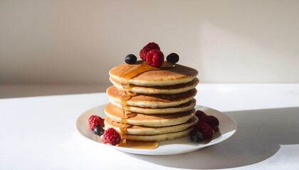 A delicious stack of pancakes with syrup and berries on a white background