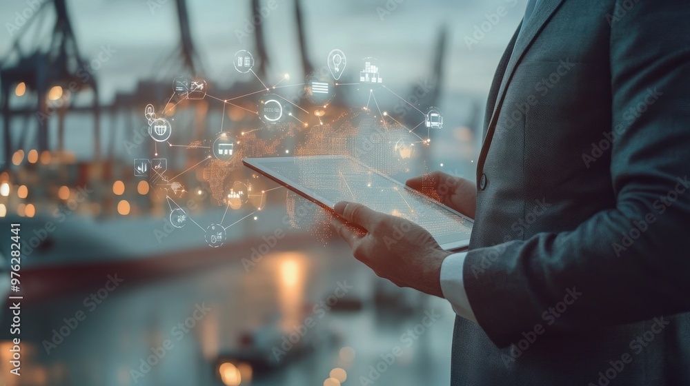 Poster global business and network technology. business person using tablet computer. network structure and