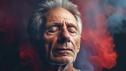Senior man experiencing pain and discomfort with red overlay
