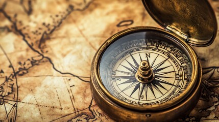 Vintage compass on an old, weathered map.
