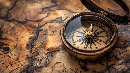 A vintage compass sits on top of an old world map.