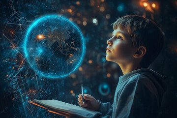 Naklejka premium A young school boy immersed in learning, taking notes while gazing thoughtfully into a vibrant, futuristic world of knowledge