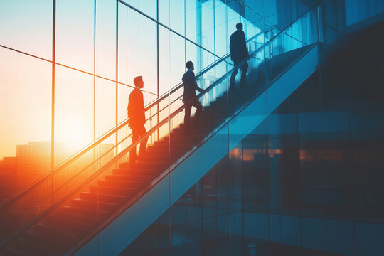 Business professionals ascend a modern staircase during a bright morning in a contemporary corporate setting