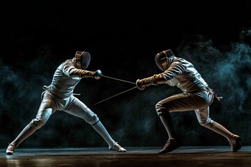 fencers in a duel, showcasing the precision and skill involved in the sport of fencing.