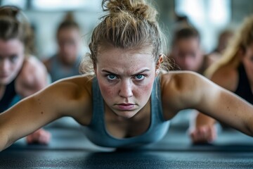 Fototapeta premium group of women, in fitness studio, working out on the fitnes mat, 