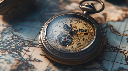 A vintage pocket watch sits on a weathered map, its intricate details highlighted by the warm glow of light.