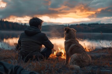 man and his loyal dog sitting by a campfire, enjoying a peaceful sunset by the lake.