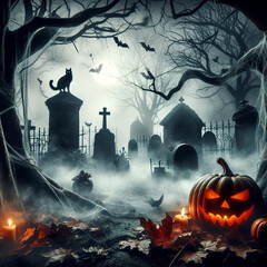 Graveyard Guardians: The Black Cat and the Haunted Pumpkins
