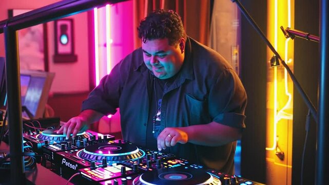 Professional club dj mixing music on controller at nightclub party