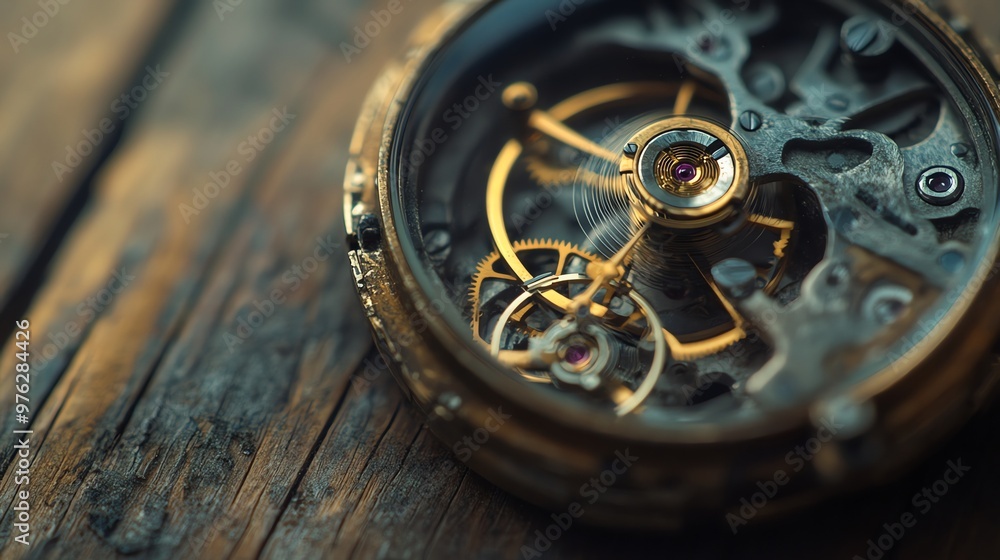 Poster close up of a vintage watch's intricate mechanism. the gears are visible, showcasing their delicate 