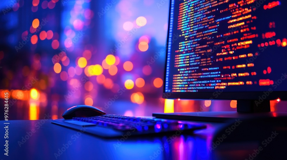 Poster computer monitor displaying code, with a keyboard and mouse on a desk. the background is blurred wit