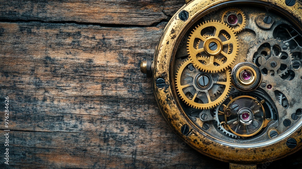 Poster an intricate clock mechanism with gears and cogs visible, laid against a rustic wooden surface.