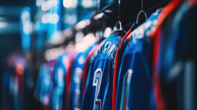 professional sports team's locker room with jerseys hanging on hooks