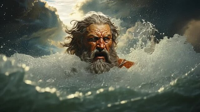 God poseidon emerging from stormy sea with dramatic sky