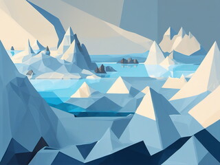 Abstract concept drawing of icy game world with wild imagination, bold shape, featuring low poly design and dynamic environment.