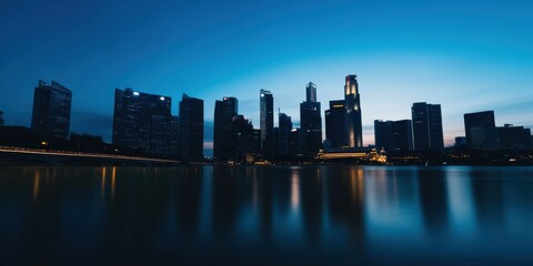 A serene city skyline with modern skyscrapers reflecting on a calm body of water during dusk, capturing the tranquility and beauty of an urban landscape transitioning to night.