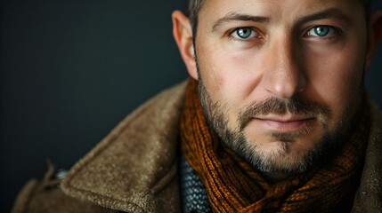 Fototapeta premium Captivating Portrait Powerful Man Rugged Style Striking Eyes Warm Scarf Intense Expression Intriguing Close-Up. AI Generated