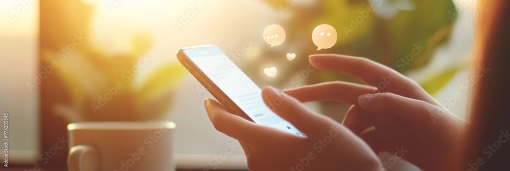 Poster Close-up view of a hand using a smartphone with visible chat icons, emphasizing online messaging and social interactions.