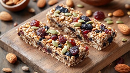 Two homemade granola bars with nuts, dried cranberries, and pumpkin seeds on a wooden cutting board.