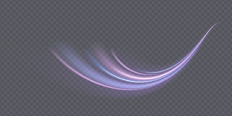 Light effect of high speed movement of light speed along a curved trajectory of bright blue-violet flickers. Dynamic movement of high speed light energy. Vector 