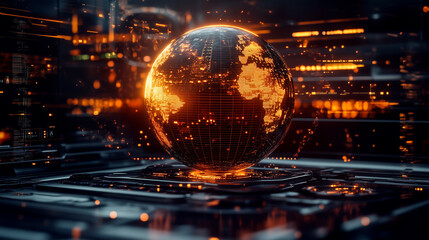 View of colorful digital globe over the microprocessor and glowing lighting digital interface. Science and artificial intelligence technology. Generative AI	