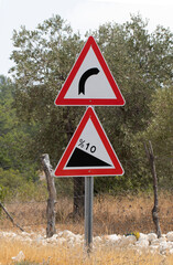 Traffic signs warning of dangerous slopes and sharp right turns