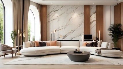 Wood floors, contemporary furnishings, high ceilings, a curving marble wall at the rear, opulent interior decor, and realistic, contemporary design define this living area.
