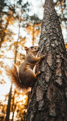 Fototapeta premium Squirrel climbing tree with sunlit forest background