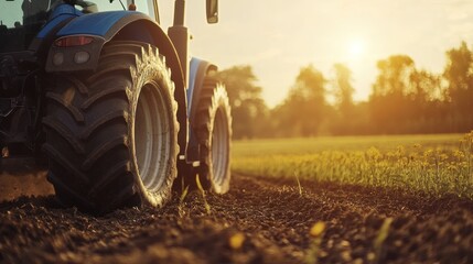 Obraz premium blue tractor plowing a field under the early morning sun, showcasing modern agricultural machinery and farming