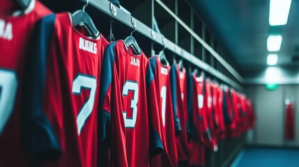 professional sports team's locker room with jerseys hanging on hooks