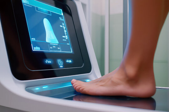 Close-up of a foot scanner analyzing a person's flat feet, with a digital screen displaying the results. - Powered by Adobe