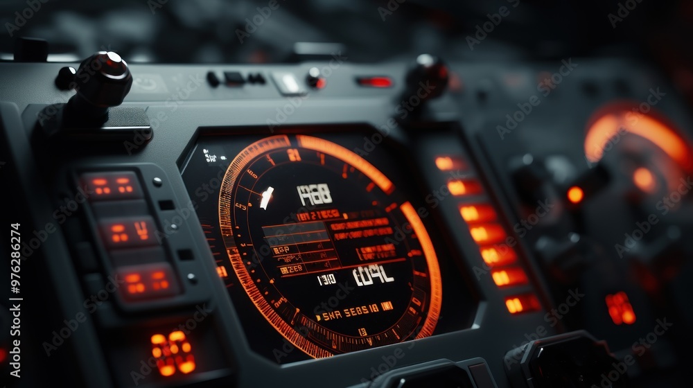 Poster futuristic spaceship control panel interface. spacecraft digital dashboard background with indicator