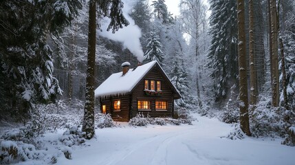 A cozy cabin with warm lights glows in the snow-covered woods.