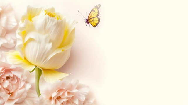 Romantic Floral Banner Video &mdash; Delicate Roses & Butterfly on Pastel Background for Wedding Invites, Social Media Headers, Greeting Cards