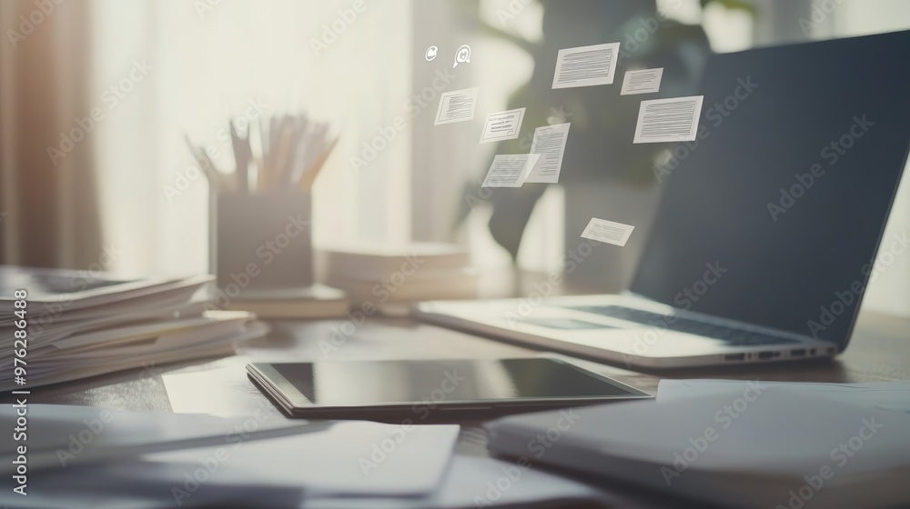 Aufkleber Workspace with floating document icons above a tablet and laptop. Digital workspace concept.