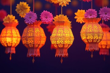 Fototapeta premium Diwali Banner with Intricate Paper Cut Marigold Lanterns Glowing Against a Purple to Gold Gradient