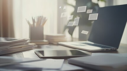 Fototapeta premium Workspace with floating document icons above a tablet and laptop. Digital workspace concept.