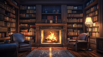 A cozy library with a fireplace, leather armchairs, and floor lamps.