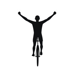 a cyclist crossing the finish line, riding a road bicycle, with their arms raised in triumph, vector silhouette 