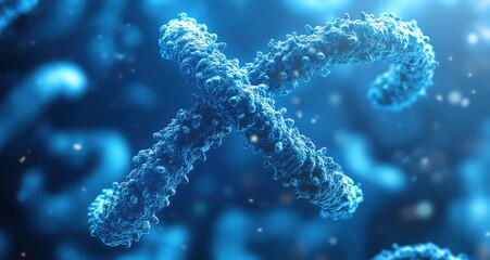 3D illustration of the X chromosome in vibrant blue hues representing genetic science and molecular biology