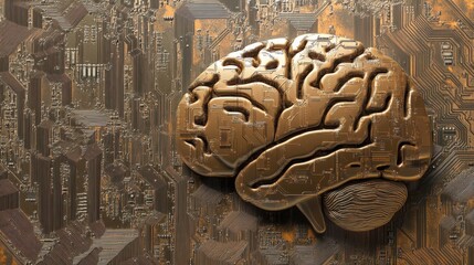 A bronze-toned brain sculpture integrated with a detailed circuit board, illustrating the convergence of human cognition and technology.


