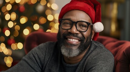 A happy Black man embraces the festive spirit while celebrating Christmas at home.
