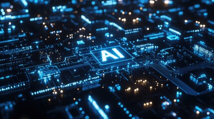 Obraz premium A futuristic AI digital network with glowing blue circuits and illuminated pathways on a dark background.