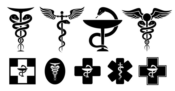 Medical snakes logo. Snake pharmacy doctor or medicine hospital symbols, serpent ambulance emblem asclepius caduceus aesculapius health chemist sign, ingenious vector illustration