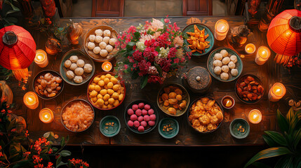 A photo of a table at the Dongzhi Festival. Bowls of tangyuan in bright pink, white and green sit in the center of the table. The table is decorated with candles, red lanterns and intricate paper cuto