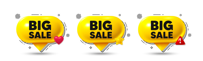 Chat speech bubble 3d icons. Big Sale tag. Special offer price sign. Advertising Discounts symbol. Big sale chat offer. Speech bubble banners. Text box balloon. Vector