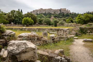 Views from the ancient Agora historical site in the city of Athens, Greece